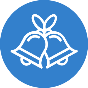 a blue circle with white bells