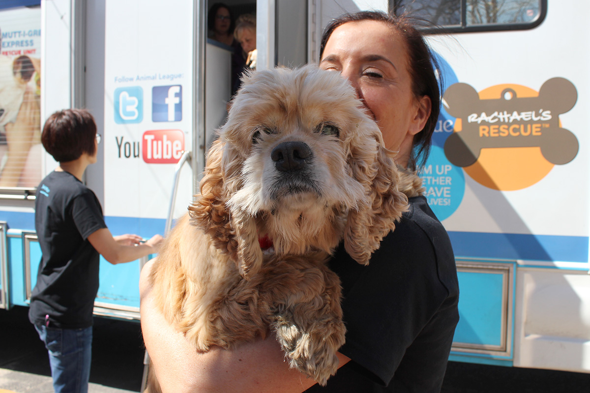 a woman holding a dog