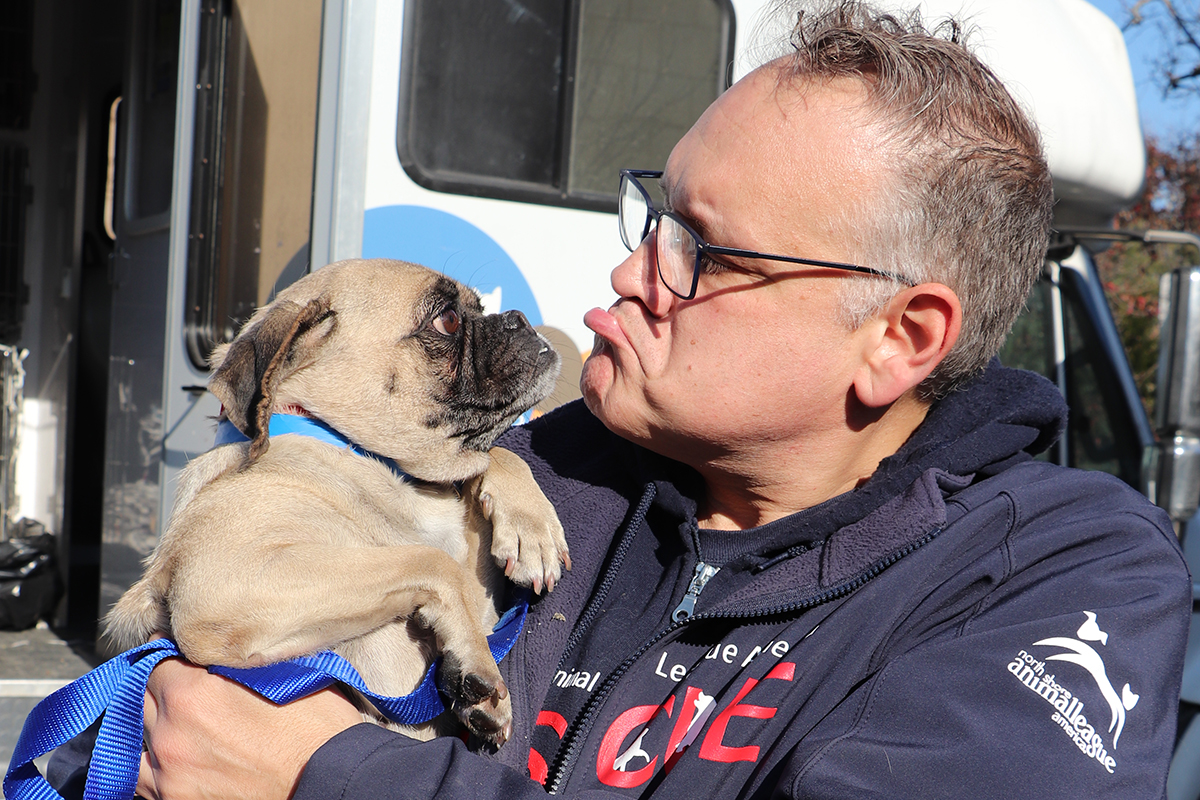 a man holding a dog