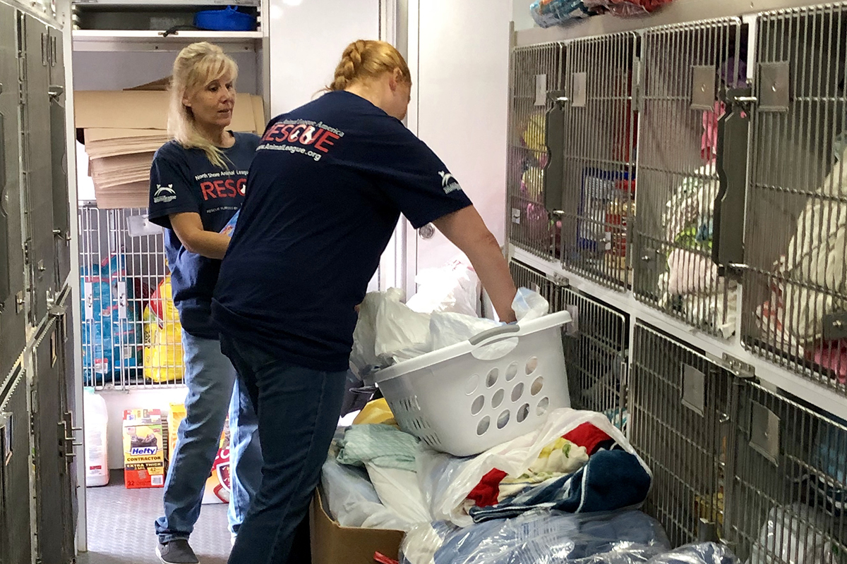 a couple of women in a room with cages and a laundry basket