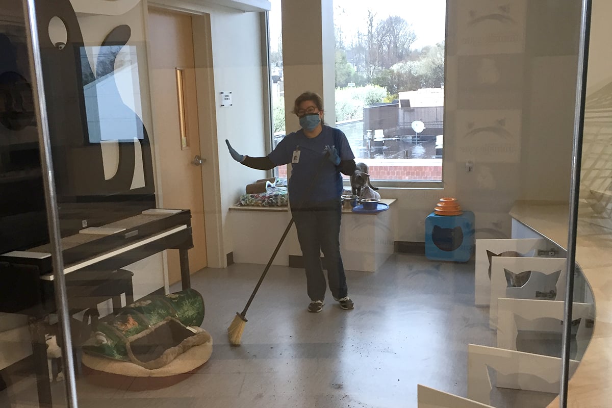 a person wearing a face mask and gloves holding a broom