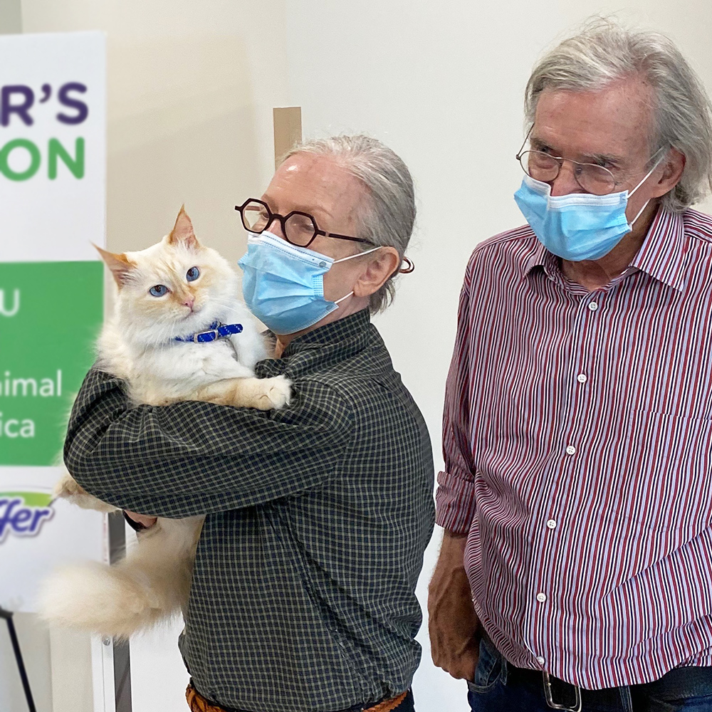 a man holding a cat wearing a face mask