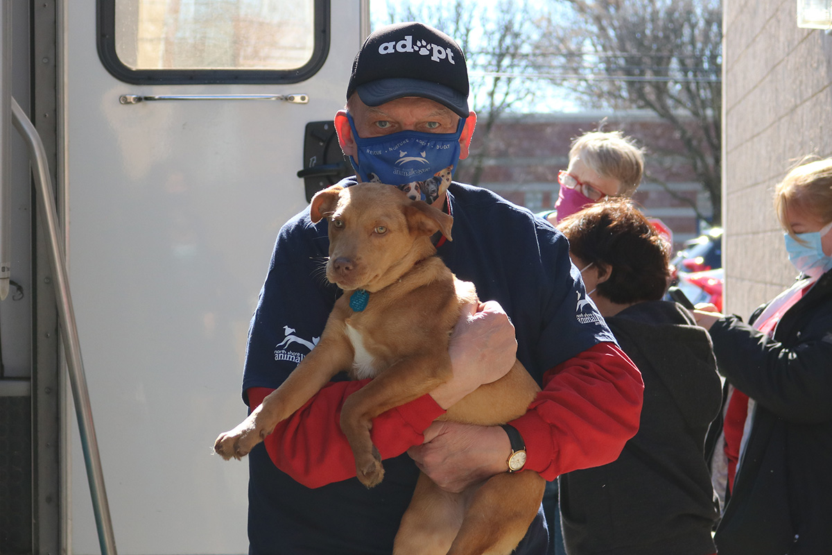 a man wearing a face mask holding a dog