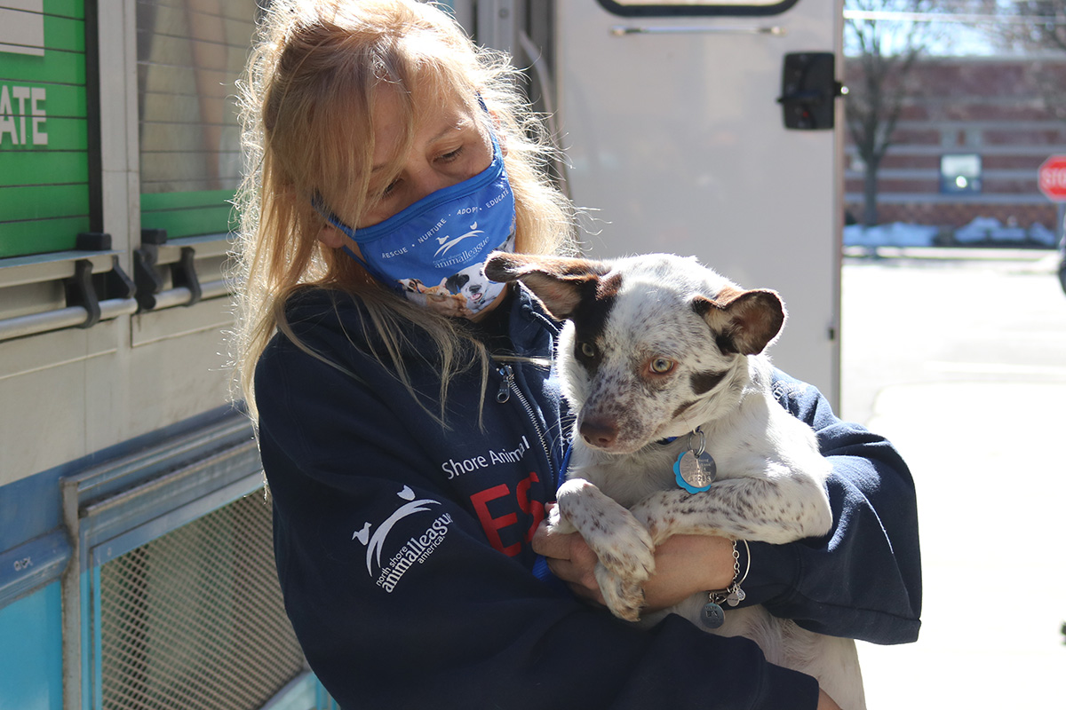 a woman wearing a face mask holding a dog