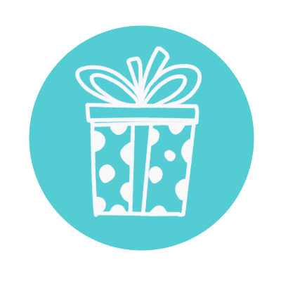 a blue circle with a white line drawing of a gift