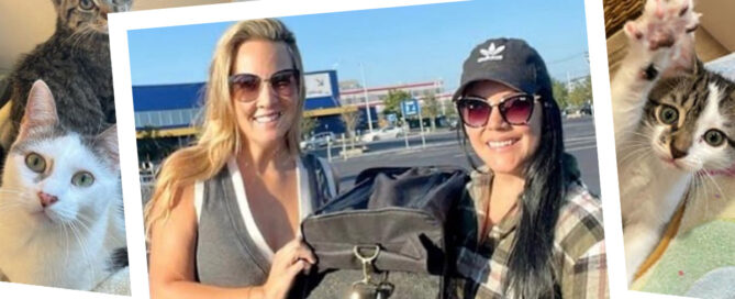 a couple of women smiling and holding a bag