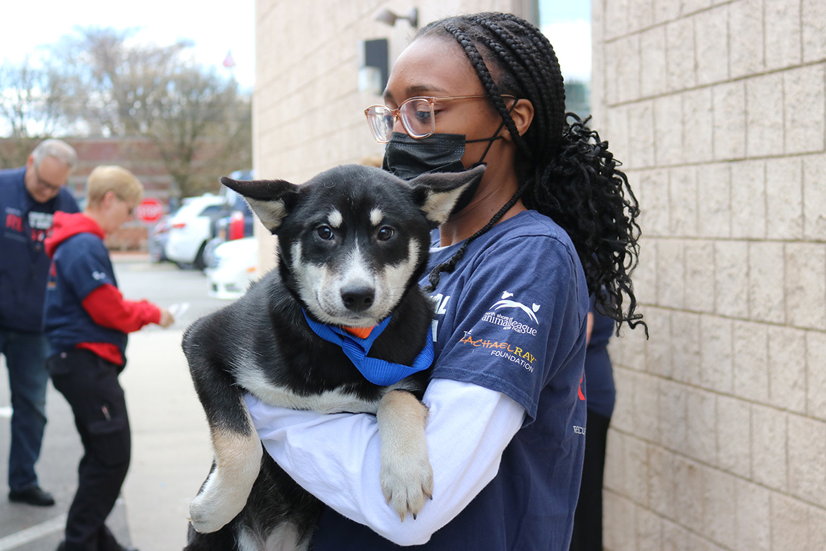 a woman wearing a mask holding a dog