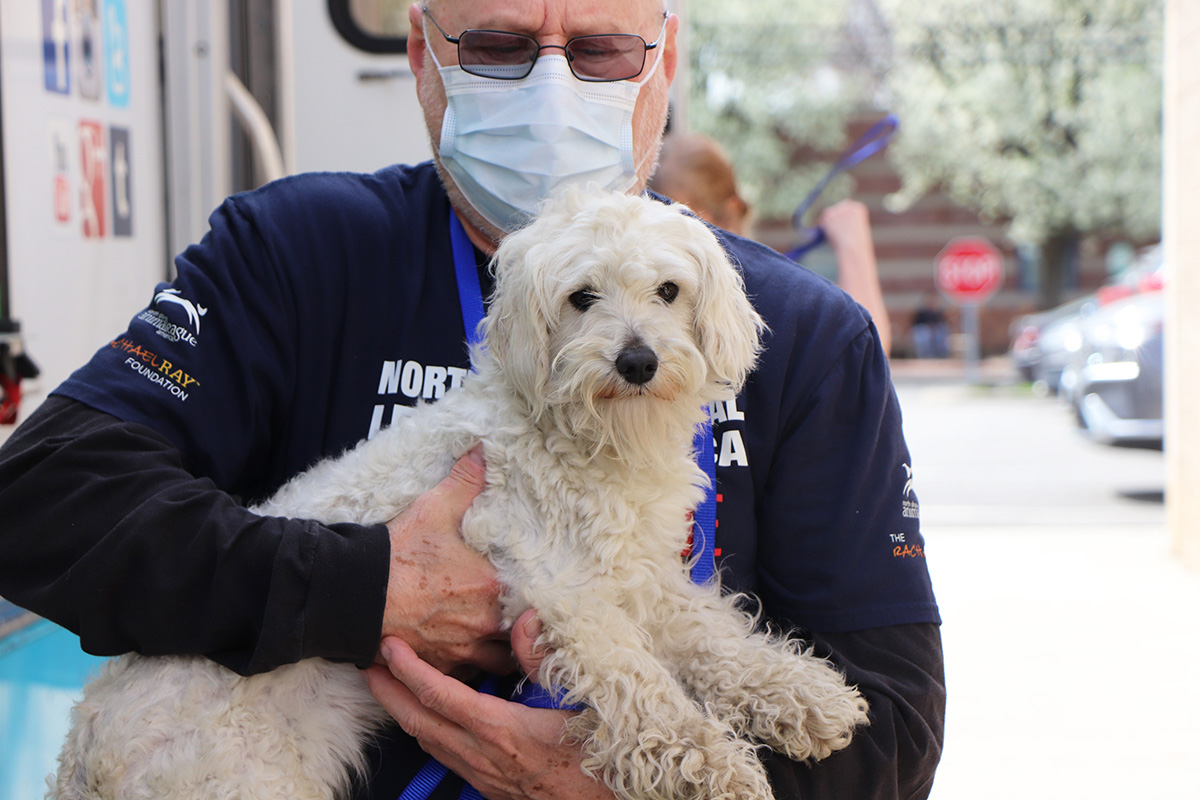a man wearing a mask holding a dog