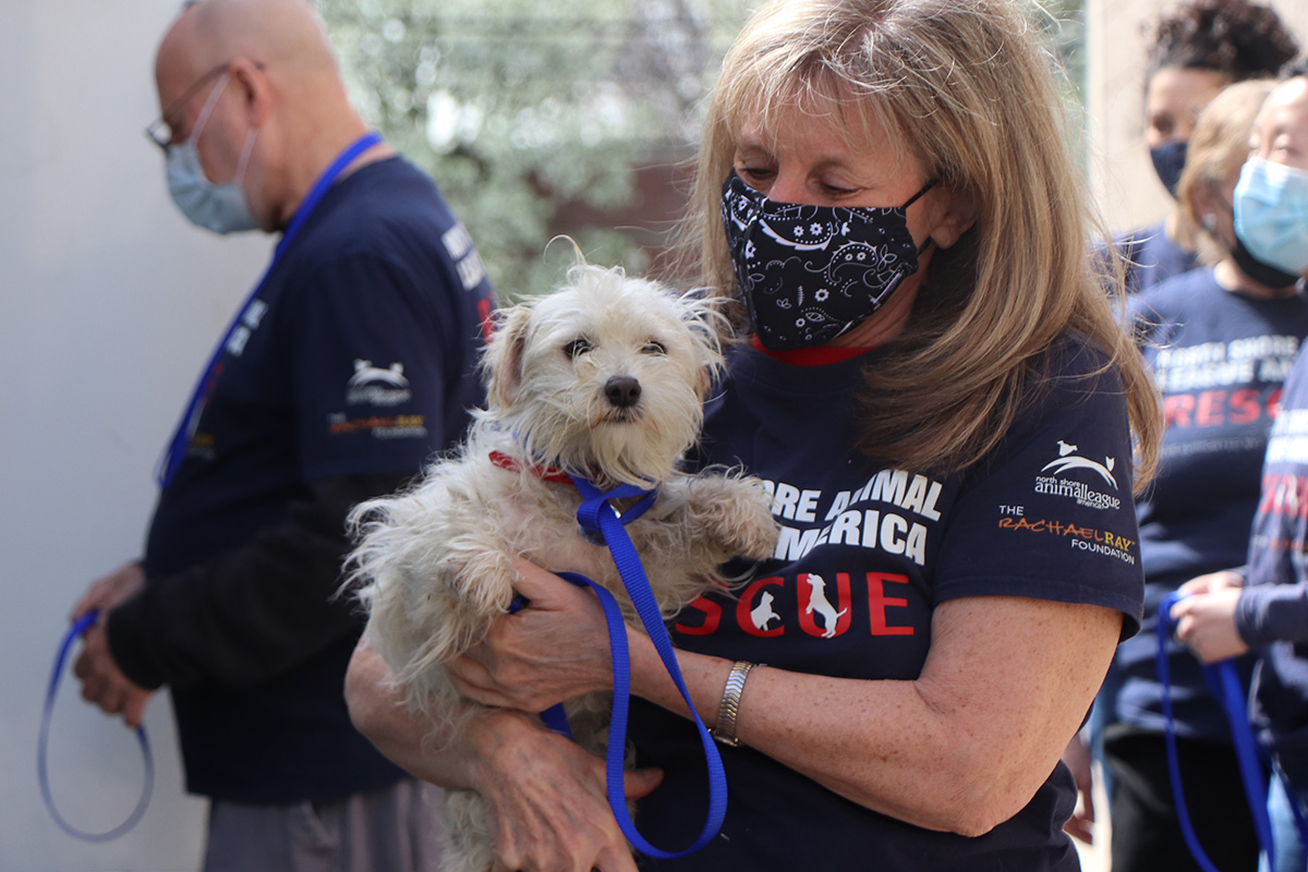 a woman holding a dog