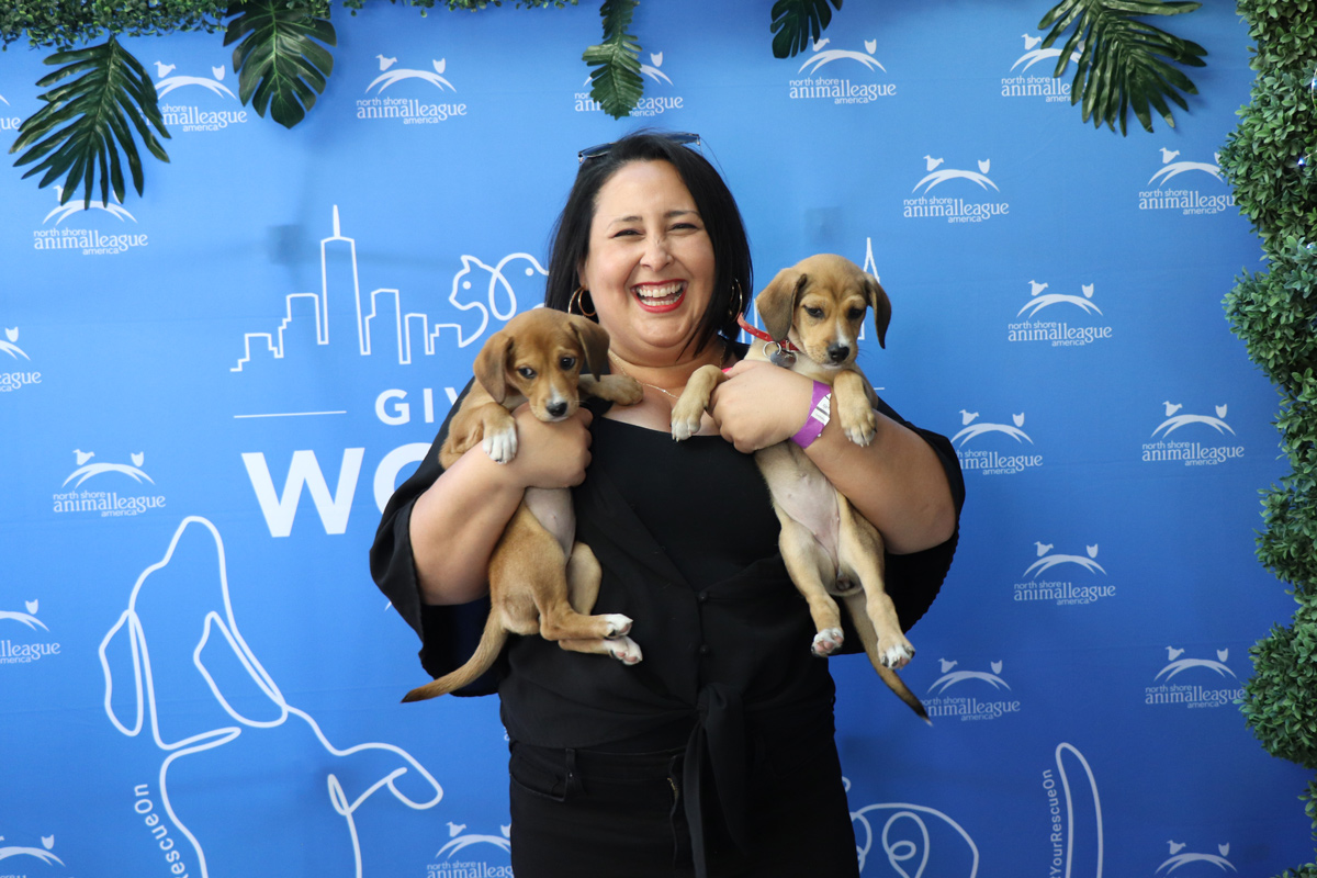 a woman holding puppies in her arms