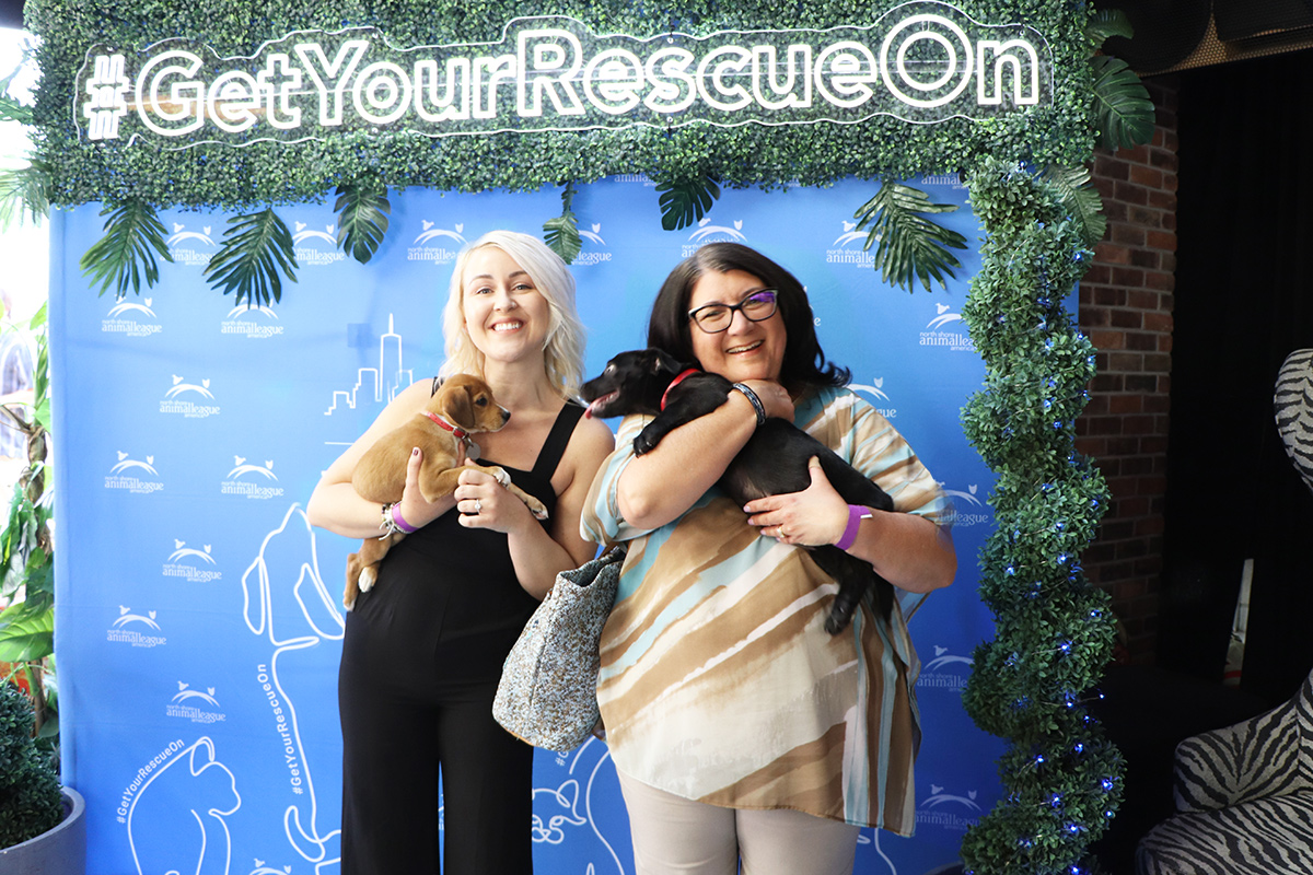 two women holding dogs in front of a blue backdrop