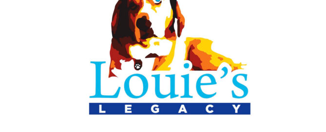 a dog with blue text