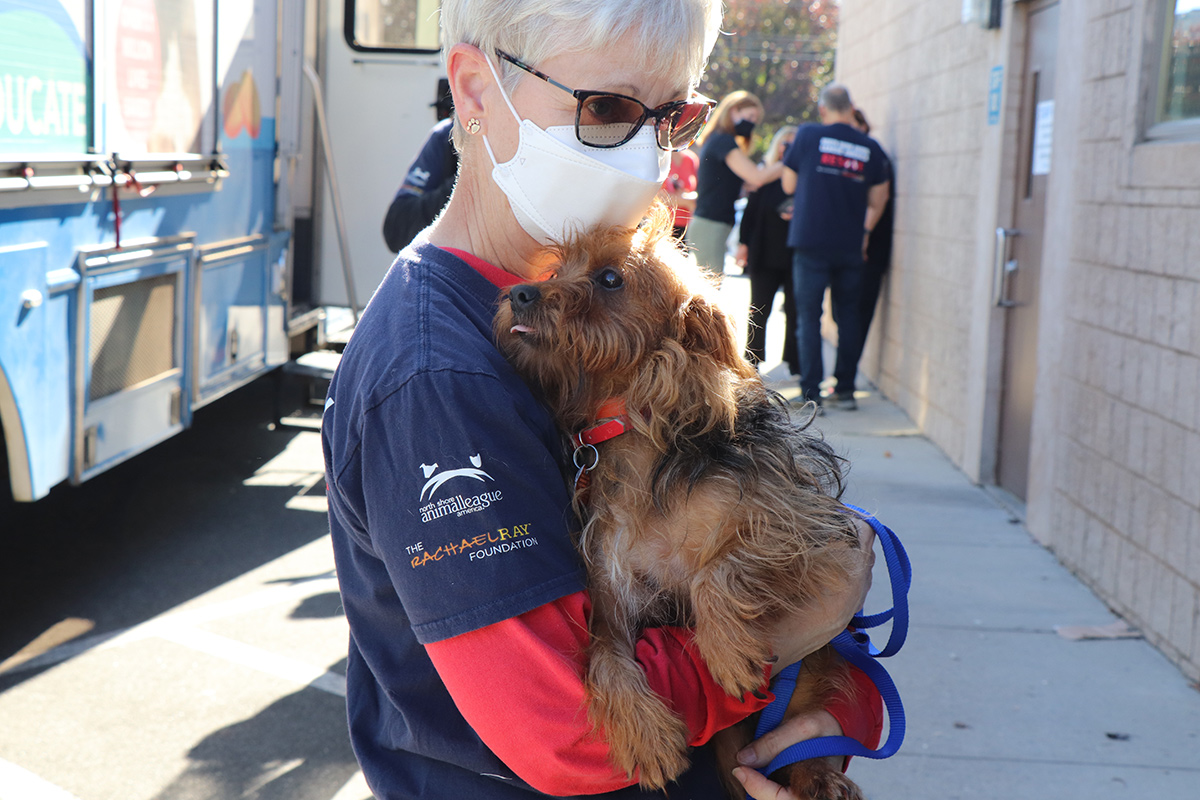 a woman wearing a mask and holding a dog