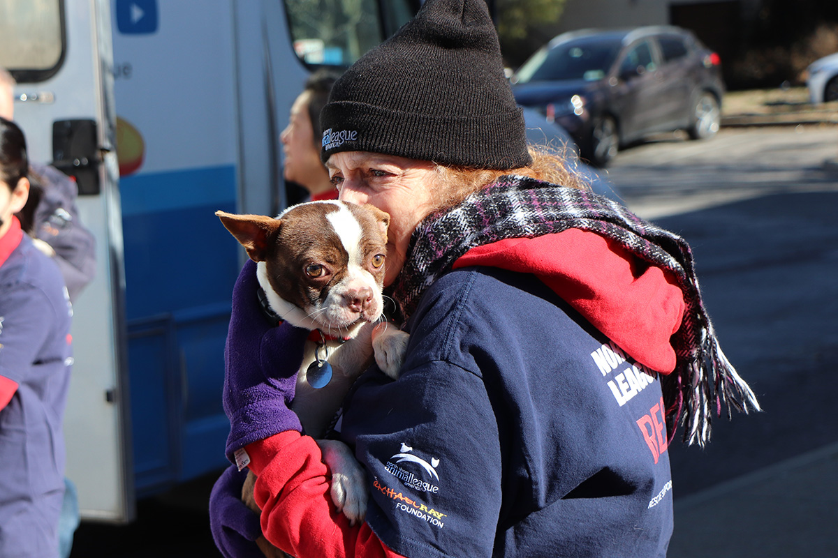 a woman holding a dog
