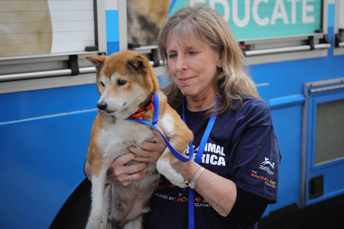a woman holding a dog