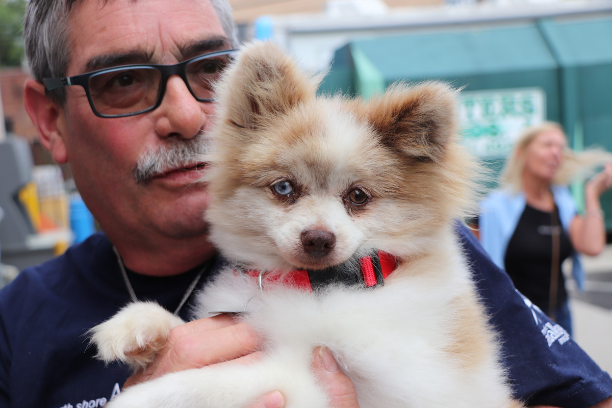 a man holding a small dog