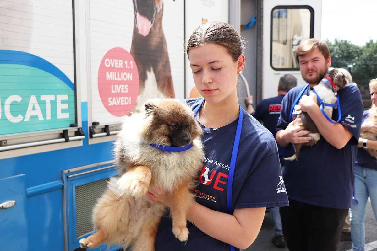 a woman holding a dog