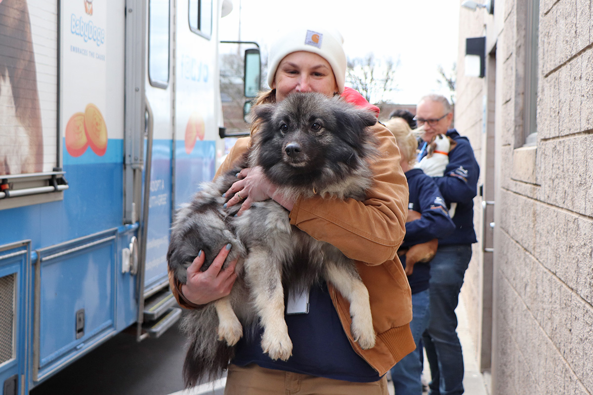 a person holding a dog