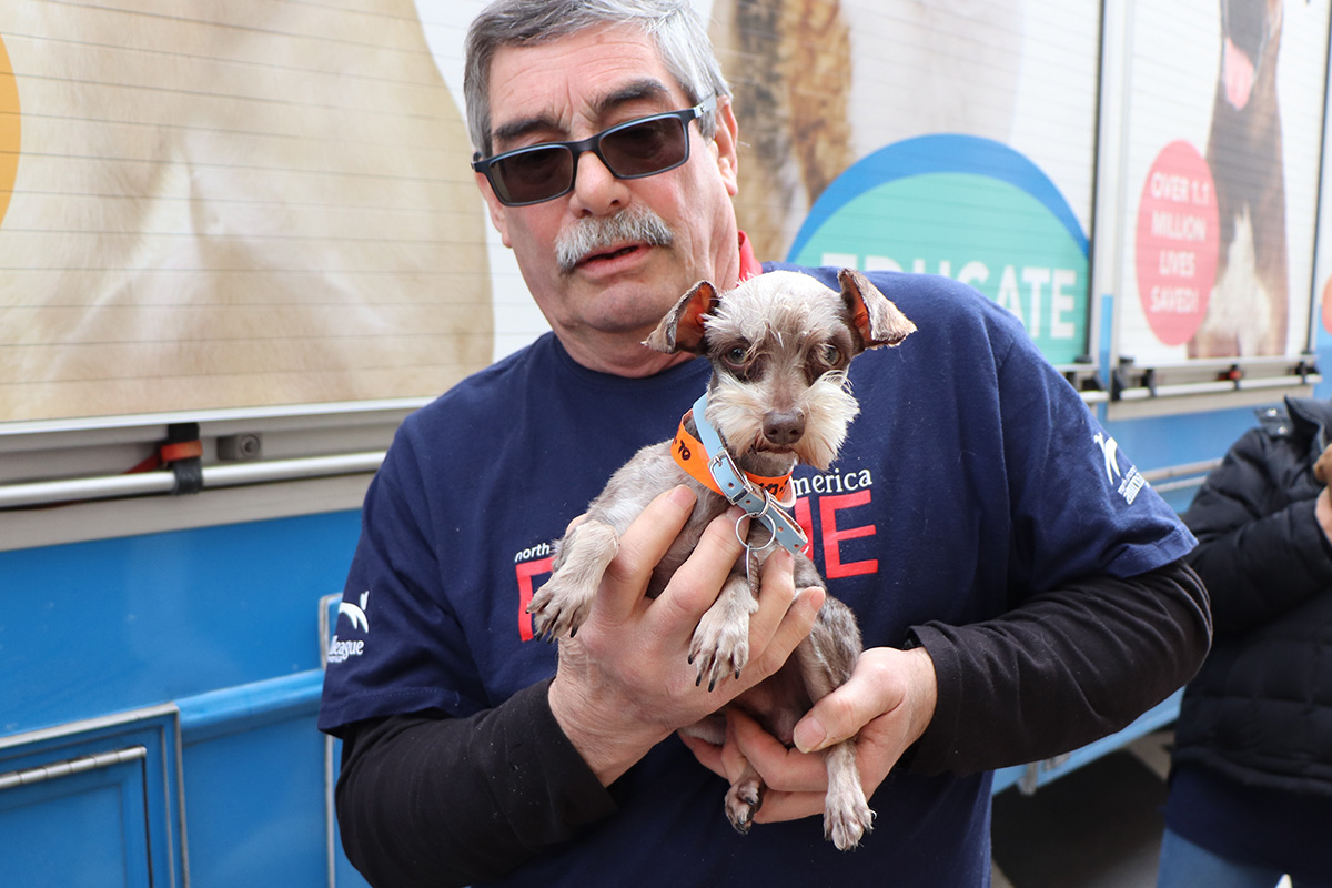 a man holding a dog
