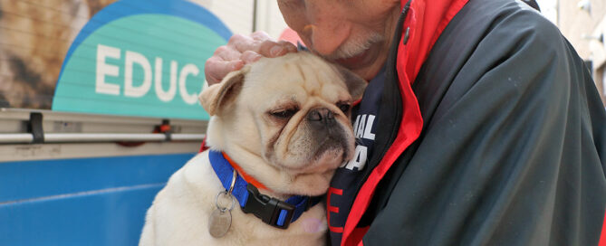 a man holding a dog