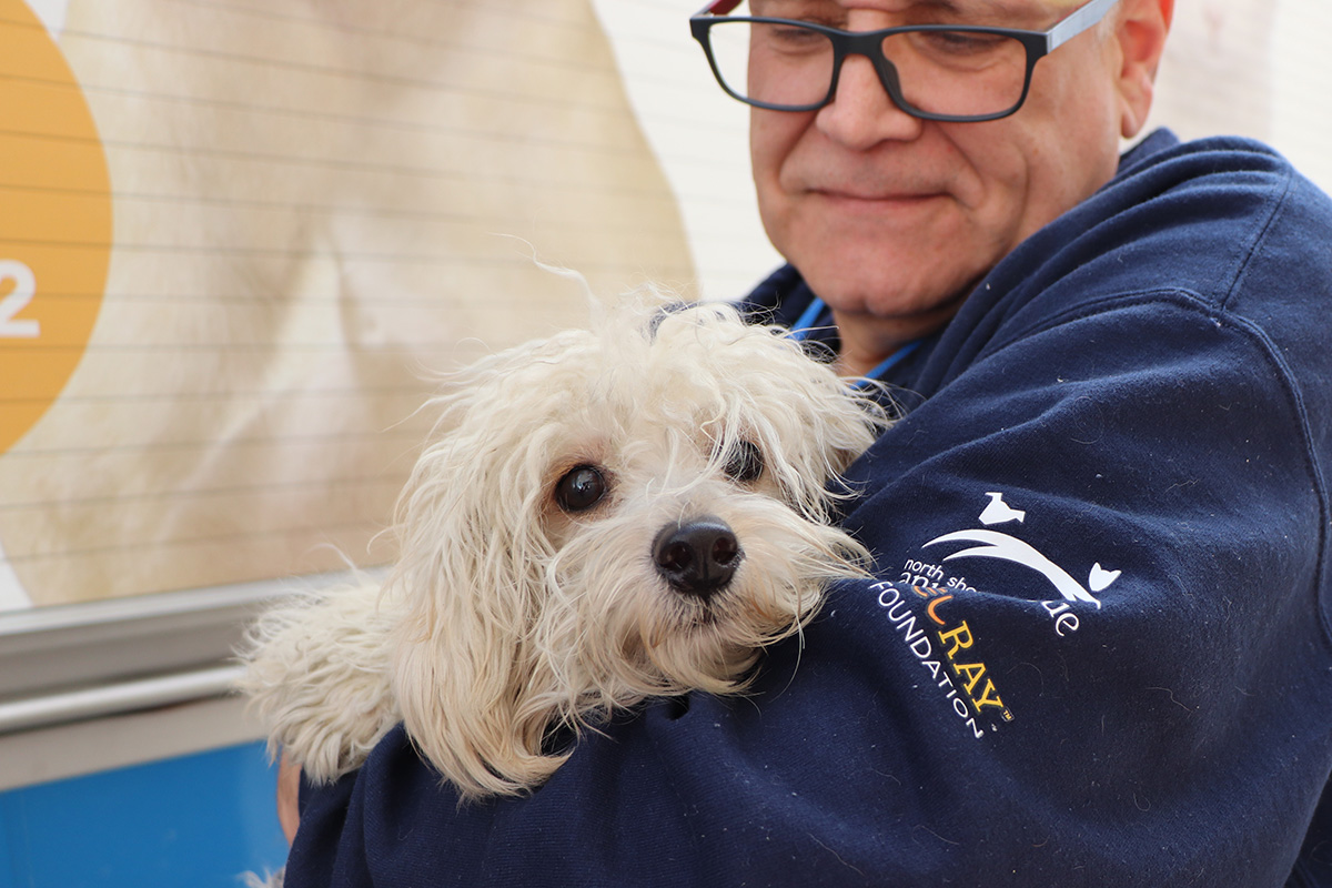 a man holding a dog