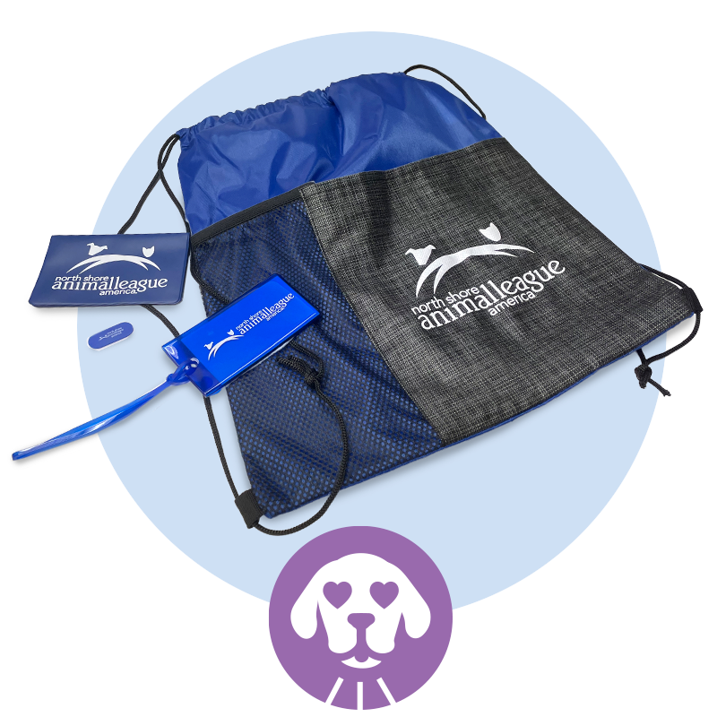 a blue and grey bag with tags