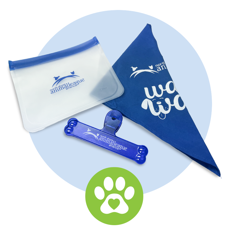 a blue and white bag with a dog paw print