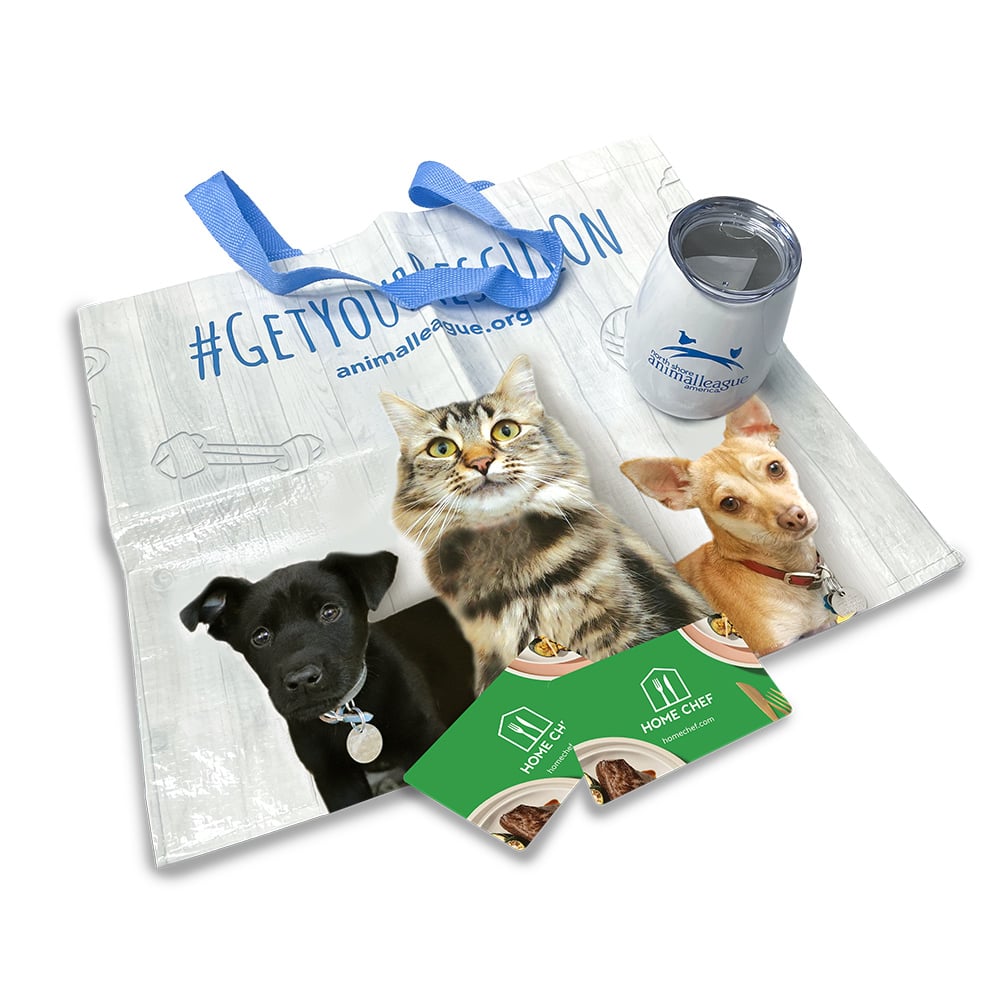 a bag with a picture of dogs and a can