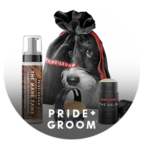 a dog with a bag of hair and a hair spray