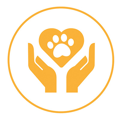 a logo of hands holding a heart with a paw print